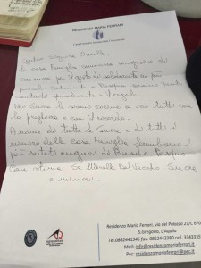 La lettera di ringraziamento dell'Istituto Maria Ferrari